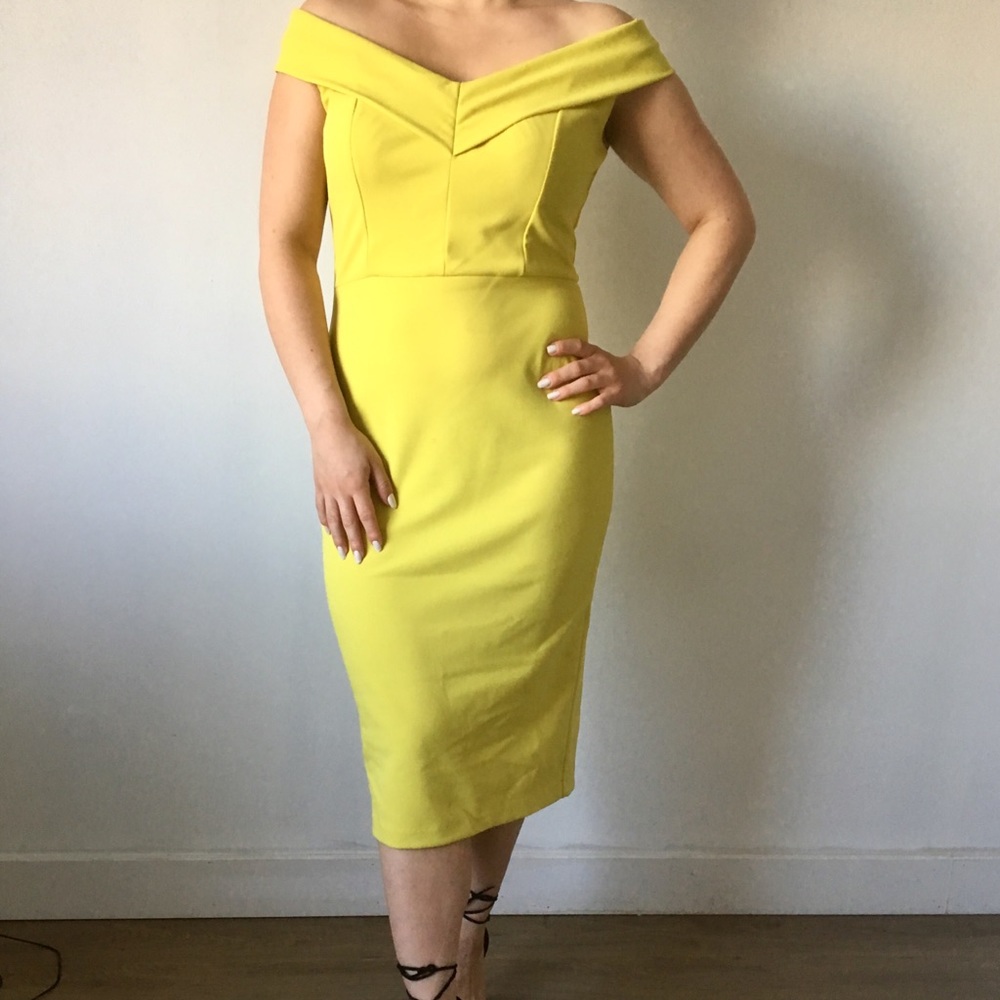 Bright & classy yellow-lime off-the-shoulder dress